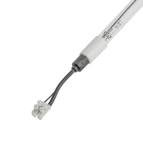 Ersatzstrahler mit gläserner Röhre und Kabelanschluss. Der Anschluss verfügt über einen weißen Stecker mit mehreren Pins. Produkt von BWT.